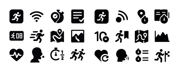 Fitness and navigation icon set: running, stopwatch, map, heartbeat, wi-fi symbols