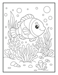 Fototapeta premium Adorable Little Fish Swimming Through Coral Reefs, Cute Underwater Coloring Page for Kids. simple bold outlines and clean black-and-white line art.