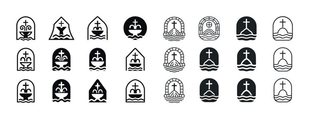 Set of religious symbols with crosses and water designs