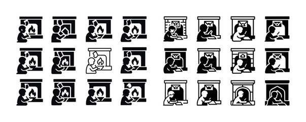 Collection of fireplace icons with person reading in different styles