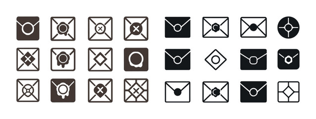 Set of 20 geometric envelope icons in black and white with minimalist designs