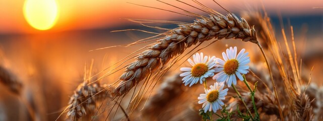 Close up of wheat and daisy flowers with a setting sun in background