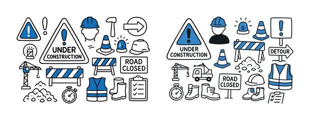 Construction signs and safety equipment icons set