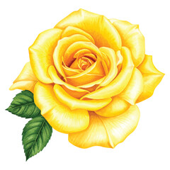 Single Yellow Rose with Green Leaves on White Background watercolor vector illutrastion transparent background
