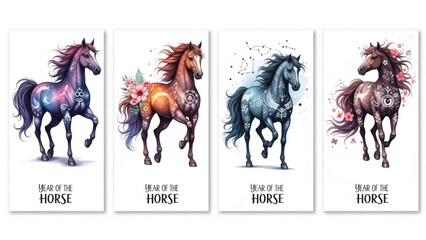 Year of the Horse Zodiac Illustration Set Chinese Lunar New Year Fantasy Horses Collection Isolated on White © Ruwani