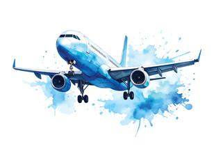 Watercolor Airplane Descending with Blue Splashes on White vector illutrastion transparent background