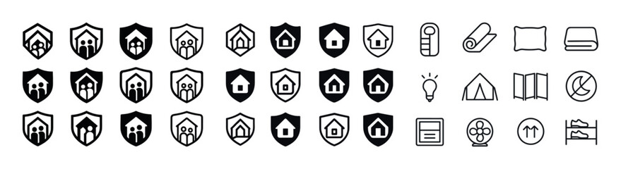 Set of home security icons including alarms, shields, and cameras