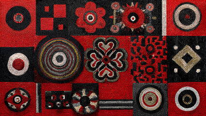 A background of bold Suprematist black and red squares and circles, but filled internally with the complex, vibrant beadwork textures and symbols of Mexican Huichol art.