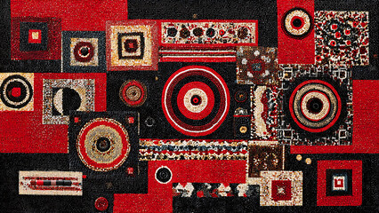 A background of bold Suprematist black and red squares and circles, but filled internally with the complex, vibrant beadwork textures and symbols of Mexican Huichol art.