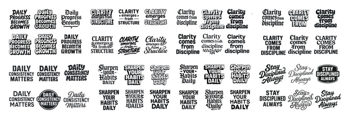 Motivational quotes in black and white typography with emphasis on clarity and discipline