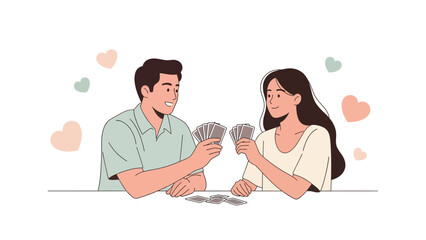 Fototapeta premium Romantic Game Night Couple Playing Cards Amidst Pastel Hearts Illustration