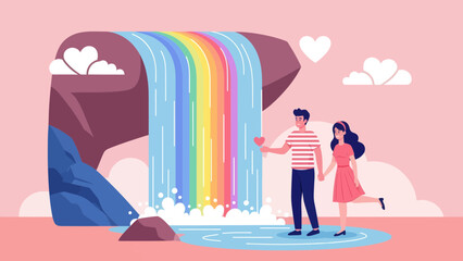 Obraz premium Romantic Getaway At Rainbow Waterfall For Young Loving Couple In Dreamy Landscape