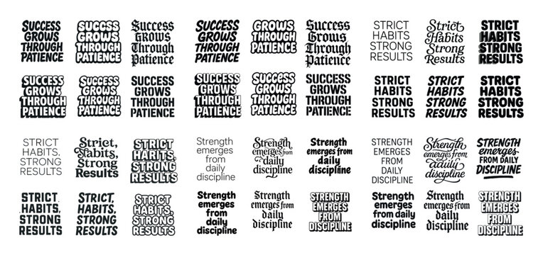 Inspirational quotes on success, patience, and discipline in varied typography