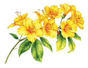 Cluster of Yellow Rhododendron Flowers with Green Leaves watercolor vector illutrastion transparent background