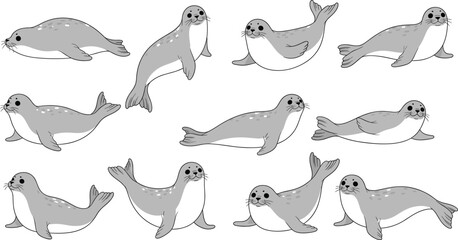 Spotted seal character collection featuring flat vector designs of grey seals in various poses including swimming resting and looking up for nature. © Aminul