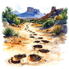 Footprints on a Desert Path Leading to Distant Mountains watercolor vector illutrastion transparent background