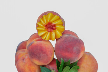 Harvest of fresh tasty peaches fruit isolated at farmers. Agricultural products, sale in market.
