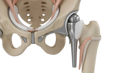 Human hip joint anatomy with prosthetic implant and surrounding bone and muscle tissue png isolated transparent background