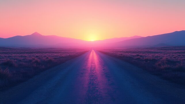Vast desert road stretches towards a vibrant sunset with purple and pink hues
