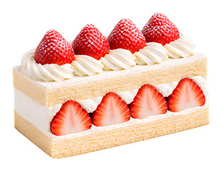 fresh strawberry shortcake slice with layers of vanilla sponge and whipped cream topped with whole strawberries isolated transparent background
