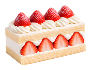 fresh strawberry shortcake slice with layers of vanilla sponge and whipped cream topped with whole strawberries isolated transparent background