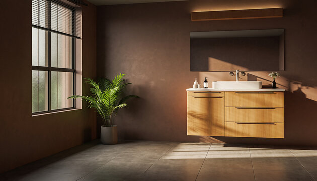 Modern bathroom interior with warm brown walls, a large window with blinds, a sleek wooden vanity with a white sink, mirror, and a green potted plant, illuminated by natural sunlight creating shadows. - Powered by Adobe