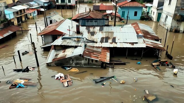 Flooded village streets with submerged houses and drifting boats.