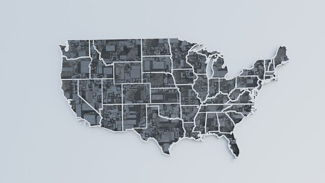 3D isometric map of United States of America with geographic borders and relief details isolated on white background.
