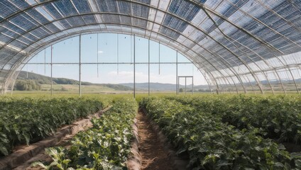 Greenhouse Interior with Rows of Plants and Natural Light.