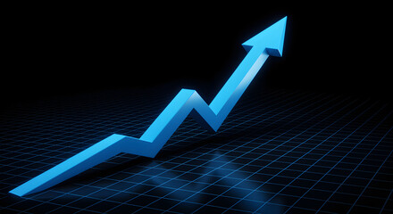 Glowing blue arrow graph showing upward trend on dark background with grid pattern