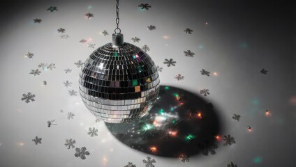 Disco ball hanging with snowflakes and colorful lights.