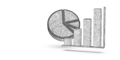 Black wireframe rising bar graph and abstract pie chart diagram on white background with copy space, business or finance technology template concept