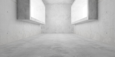 Concrete empty modern room with two rectangular large window frames and copy space - industrial interior background template