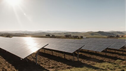 Expansive Solar Panel Array Under Bright Sunlight on Rolling Hills.