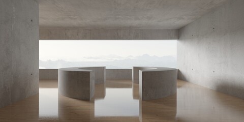 Concrete, empty room with wooden floor, large concrete bar and opening to mountain view - industrial interior background template