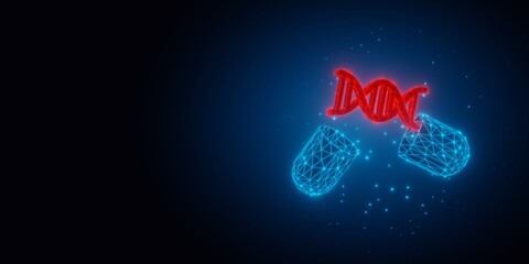 Red glowing wireframe DNA abstract model from blue open pill on black background with copy space