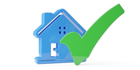 Blue house icon with green checkmark in front over white background, approval, inspection or insurance concept