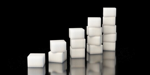 Rising stacks of white sugar cubes over black background, sugar health risk or rising consumption of sugar concept
