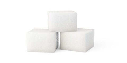 Three white sugar cubes pyramid on white background, food or calorie concept