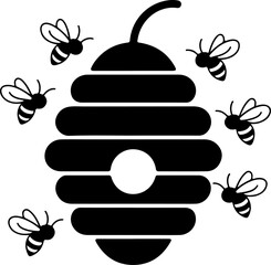 Beehive with Flying Bees silhouette vector illustration