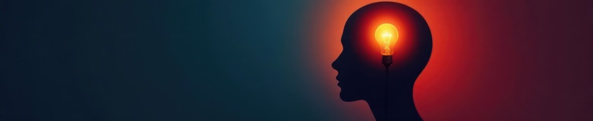 Simple black head silhouette with lightbulb; clean graphic design , thinking, vector