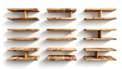 Six staggered wooden shelves with metal brackets on a white wall, minimalist and asymmetrical, holding two stacks of books—evoking quiet order, spatial rhythm, and modern interior calm.