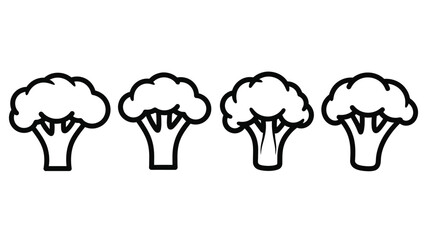 Simple black and white line drawing of four broccoli florets in a row