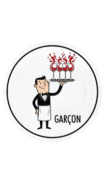 Cartoon waiter serving wine glasses with garcon label  