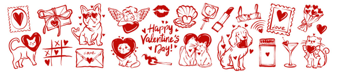 Cute love doodle set, hand drawn bachelorette wedding whimsical illustration, Valentine day stickers. Cartoon kitten with heart, lovely dog, romantic sketch graphic. February holiday love doodle icon
