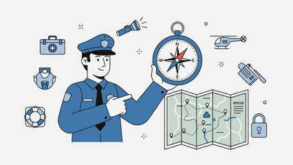 Police Officer Planning Rescue Operations With Map And Compass Illustration