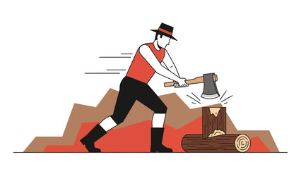 Powerful Lumberjack Chopping Wood With Axe Against Minimalist Landscape Backdrop