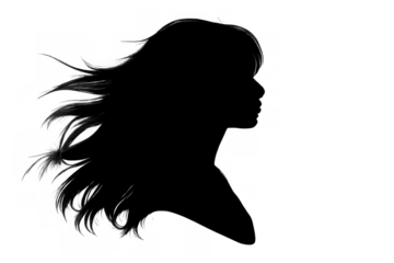 Woman silhouette profile with her long hair blowing in the wind, symbolizing beauty, mystery, and freedom, transparent background