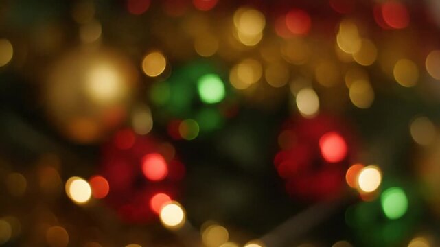 A festive bokeh of Christmas ornaments and lights on a tree viewed from a close-up perspective.