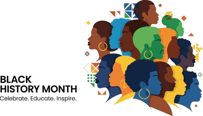 Black history month design featuring diverse african american community profiles with geometric shapes celebrating their rich history and achievements